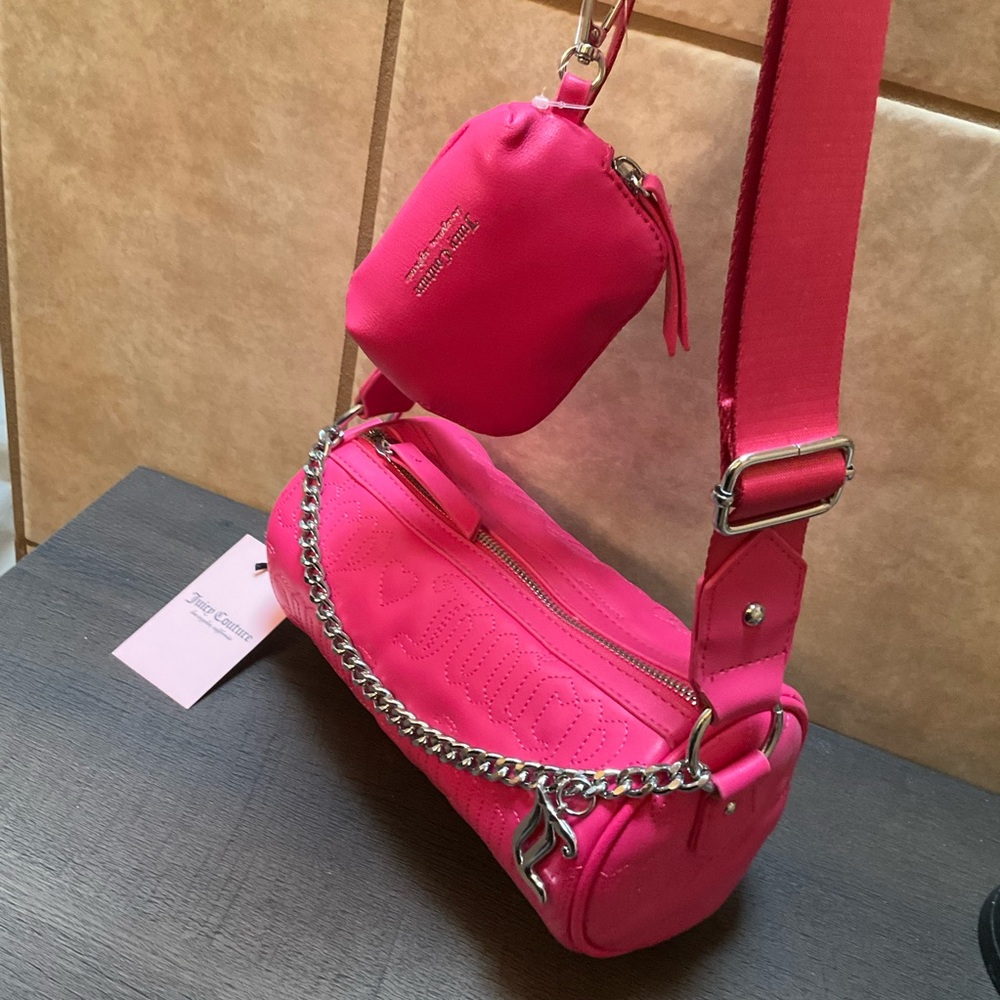 Hot PINK JUICY COUTURE Roll Crossbody Cylinder bag NWT W/ Logo Charm Coin Purse